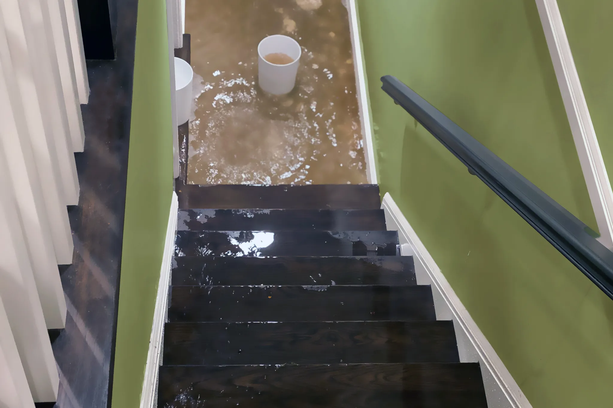 Stairs leading down to basement with water pooling at the bottom - How to keep your basement dry after rain in Pittsburgh